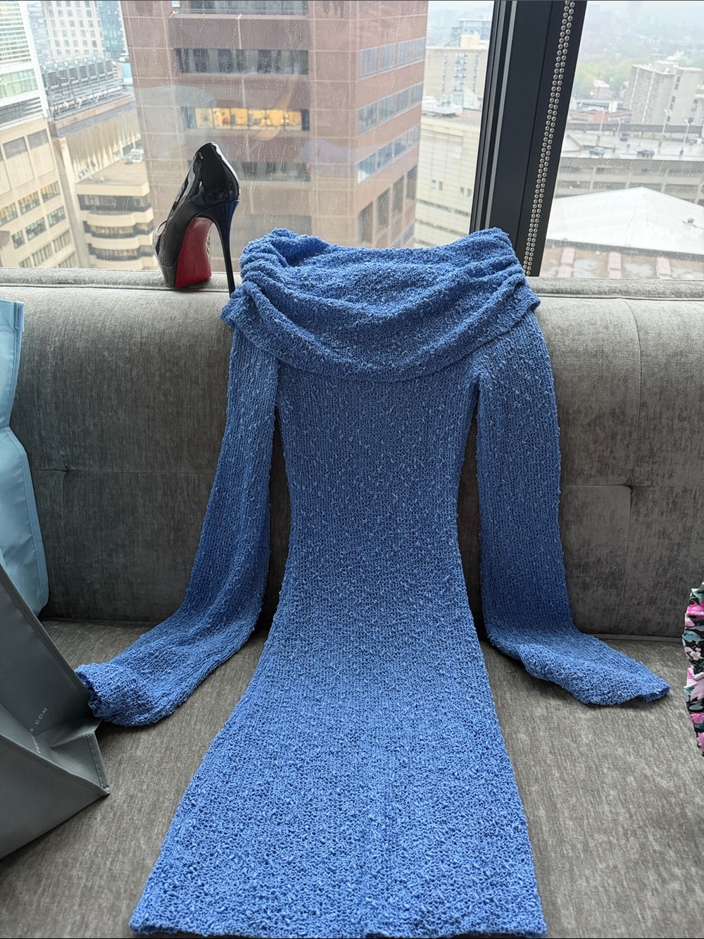 Off-Shoulder Blue Knit Mini Dress meshki - Picture 2 of 3
